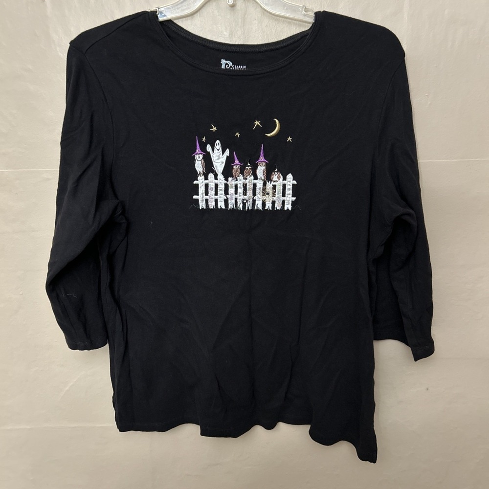 classic elements 16W Halloween 3/4 Sleeve T Shirts Ghost Fence Cute Black